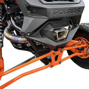 RPM 3-inch race pipe for Polaris RZR Pro R with lightweight muffler, TIG welds, and precision-fitted 3" trapezoidal exhaust tip.