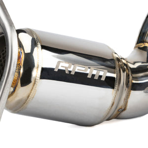 RPM 3-inch race pipe for Polaris RZR Pro R with lightweight muffler, TIG welds, and precision-fitted 3" trapezoidal exhaust tip.