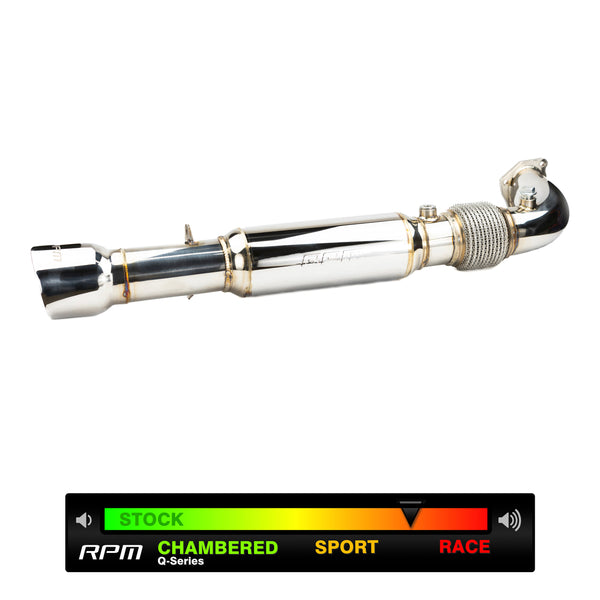 RPM 3-inch stainless steel full exhaust for RZR Turbo, with 12" muffler, dual O2 ports, and sporty turbo whistle tone.