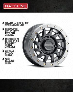 Raceline A12BG Squad black UTV wheel with gunmetal beadlock ring, multi-spoke directional design in 15 inch for most fitments