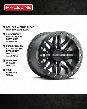 Raceline A91B Ryno Beadlock UTV wheel in satin black with 10 split spokes and forged 6061 beadlock ring for extreme off-road durability