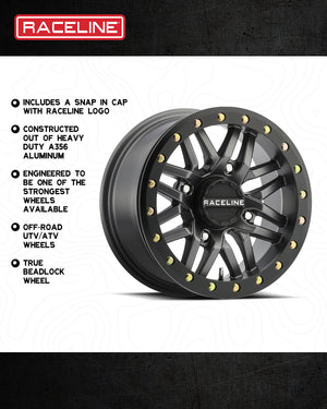Raceline A91G Ryno Beadlock UTV wheel in gunmetal with split 10-spoke design and forged beadlock ring for aggressive off-road durability