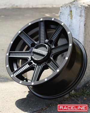 Raceline A92B Hostage UTV wheel in satin black featuring an 8-spoke dimpled design with reinforced lip for off-road strength and style