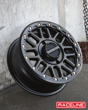 Raceline A93B Podium Beadlock satin black UTV wheel with 8-spoke mesh design and forged ring for race-ready off-road durability