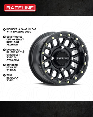 Raceline A93B Podium Beadlock satin black UTV wheel with 8-spoke mesh design and forged ring for race-ready off-road durability
