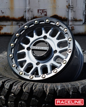 Raceline A93SG Podium Beadlock UTV wheel in stealth grey with 8-spoke mesh design, forged ring, and race-proven off-road durability