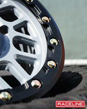 Raceline A93SG Podium Beadlock UTV wheel in stealth grey with 8-spoke mesh design, forged ring, and race-proven off-road durability