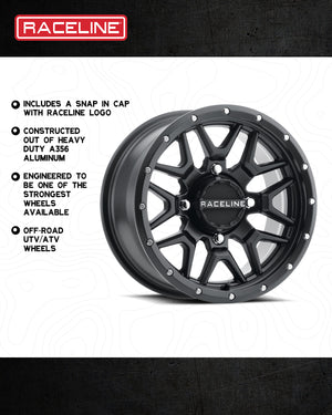 Raceline A94B Krank satin black simulated beadlock UTV wheel with 8 split V-spoke design in 14 and 15 inch diameters