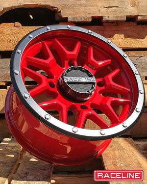 Raceline A94R Krank red simulated beadlock wheel with 8 split V-spoke design, available in 14 and 15 inch sizes for UTVs