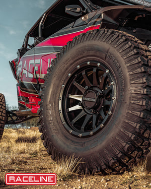Raceline A95B Trophy UTV Wheel in Satin Black with 10-spoke mesh design and simulated beadlock ring for rugged performance