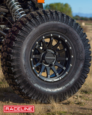 Raceline A95B Trophy UTV Wheel in Satin Black with 10-spoke mesh design and simulated beadlock ring for rugged performance
