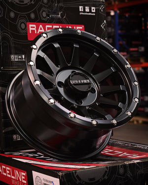 Raceline A95B Trophy UTV Wheel in Satin Black with 10-spoke mesh design and simulated beadlock ring for rugged performance