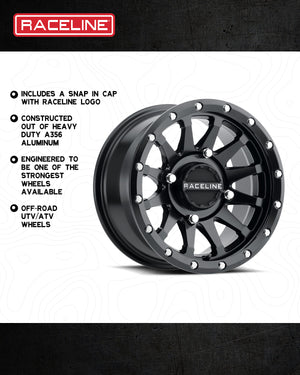 Raceline A95B Trophy UTV Wheel in Satin Black with 10-spoke mesh design and simulated beadlock ring for rugged performance