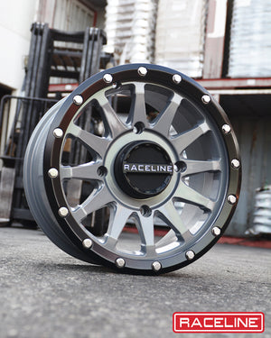 Raceline A95SG Trophy UTV Wheel in Stealth Grey with a bold 10-spoke design and simulated beadlock for off-road performance