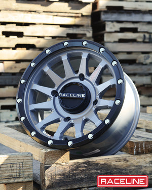 Raceline A95SG Trophy UTV Wheel in Stealth Grey with a bold 10-spoke design and simulated beadlock for off-road performance