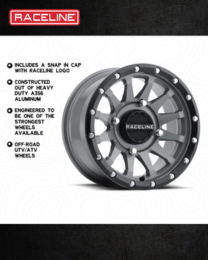 Raceline A95SG Trophy UTV Wheel in Stealth Grey with a bold 10-spoke design and simulated beadlock for off-road performance