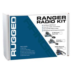 Rugged Radios Ford Ranger two-way GMRS mobile radio kit box with radio, antenna, cable and mounts