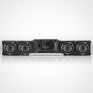 SSV Works Can-Am Defender HD10 and HD11 overhead sound bar with four Kicker KM speakers and Kenwood KMR-M300BT radio