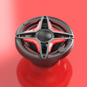 Front view of an SSV Works V6 weatherproof full-range speaker showing the grille and center-mounted 20mm tweeter