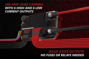 Electrical component with red and black wiring on a black background with text about load capacity and features.