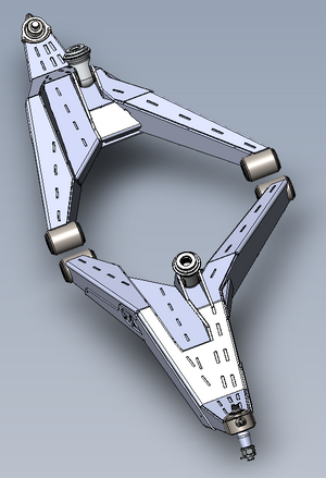 Detail of CA Tech USA Super Villain control arm with uniball and billet shock eyelet
