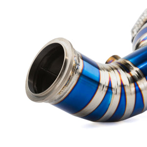 Inlet flange on the RPM Maverick R titanium E-Valve down pipe