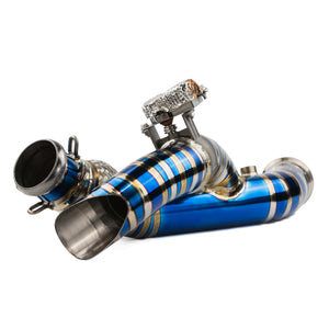Front view of RPM Maverick R titanium side exit E-Valve mid pipe
