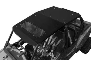 Low-profile aluminum fast back roof with sunroof for RZR 4-seat models 900, 1000, and XP Turbo, with spoiler and precision fit.