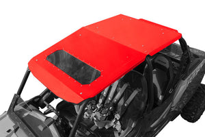 Low-profile aluminum fast back roof with sunroof for RZR 4-seat models 900, 1000, and XP Turbo, with spoiler and precision fit.