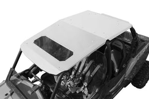 Low-profile aluminum fast back roof with sunroof for RZR 4-seat models 900, 1000, and XP Turbo, with spoiler and precision fit.