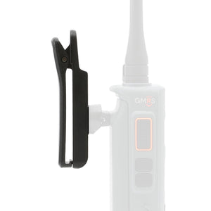 Rugged Radios swivel belt clip installed on a GMR5 handheld radio with replacement battery
