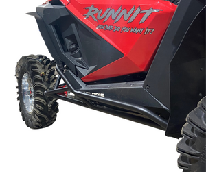 L&W Fab Polaris RZR Turbo R / Pro S 2-seat rock sliders and tree kickers installed on side of off-road vehicle