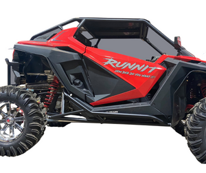 L&W Fab Polaris RZR Turbo R / Pro S 2-seat rock sliders and tree kickers installed on side of off-road vehicle