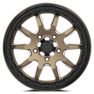 Valor Offroad V15 Beadlock UTV Wheel in satin bronze with milled accents, pre-installed center cap, and beadlock hardware.