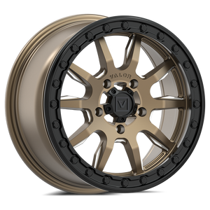 Valor Offroad V15 Beadlock UTV Wheel in satin bronze with milled accents, pre-installed center cap, and beadlock hardware.