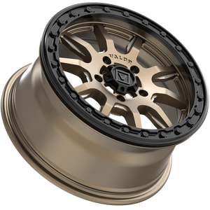 Valor Offroad V15 Beadlock UTV Wheel in satin bronze with milled accents, pre-installed center cap, and beadlock hardware.