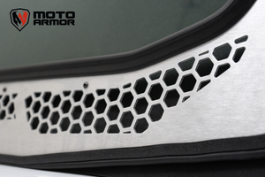 Moto Armor full glass windshield with vents and billet mounts for Voodoo Riders Kawasaki KRX 1000 cage, featuring wide view and durable frame.