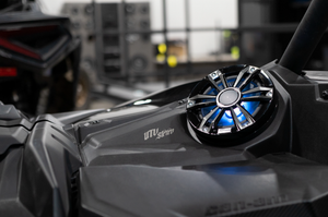 UTV Stereo Signature 6.5 inch speaker with LED lighting in a Can-Am X3 dash
