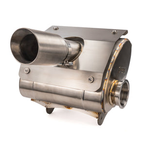 Side view of the RPM CFMoto Z10 chambered muffler in 304 stainless steel