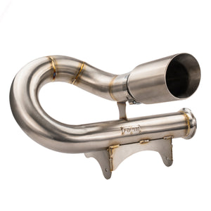 Front view of the RPM CFMoto ZForce Z10 3 inch race pipe in stainless steel