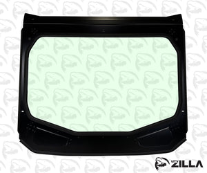 Close-up of UTVZILLA full glass windshield installed on a 2025 Polaris RZR PRO XP, showing clear visibility and billet clamps.