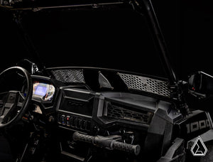 Assault Industries aluminum windscreen on a Polaris RZR, mounted view