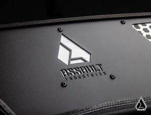 Assault Industries aluminum windscreen on a Polaris RZR, logo backing plate detail