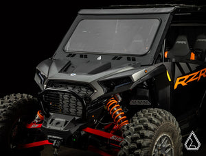 Assault Industries glass windshield on a 2024 Polaris RZR XP, angle view