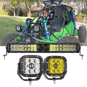 5 Inch 110W LED Driving Lights with Additional Amber Covers & 22 Inch 5D-PRO Series LED Light Bars Combo for CBR 1000rr Off Road Buggy, ATV, UTV, Truck - Dunes 2 Dezert SXS