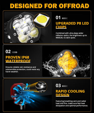 XP-ULTRA Series 3 Inch 80W Combo Beam LED Pods Amber&White Offroad Lights - Dunes 2 Dezert SXS