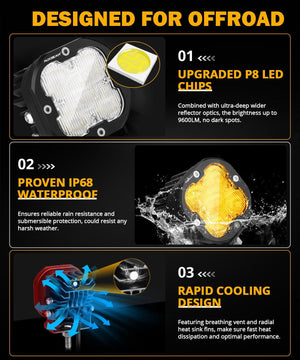 XP-ULTRA Series 3 Inch 80W Flood Beam LED Pods Amber&White Offroad Lights - Dunes 2 Dezert SXS