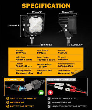XP-ULTRA Series 3 Inch 80W Flood Beam LED Pods Amber&White Offroad Lights - Dunes 2 Dezert SXS