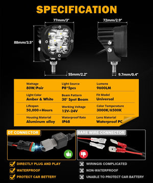 XP-ULTRA Series 3 Inch 80W Spot Beam LED Pods Amber&White Offroad Lights - Dunes 2 Dezert SXS