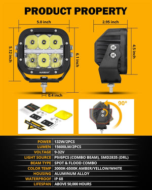 XP-ULTRA Series 5 Inch 132W 15600LM White/Amber LED Pods Driving Light with Amber DRL - Dunes 2 Dezert SXS